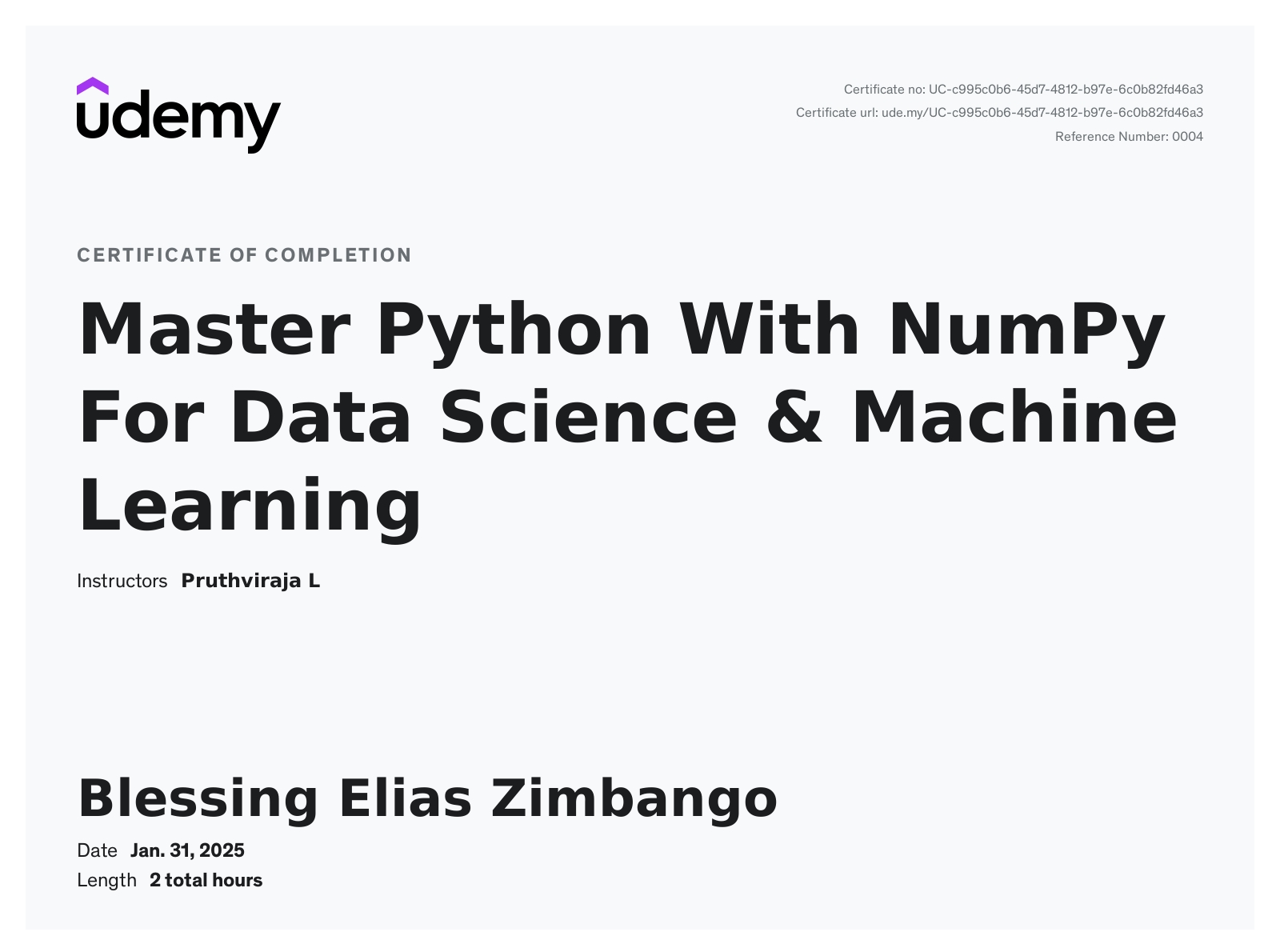 Certificate : Numpy for Machine Learning